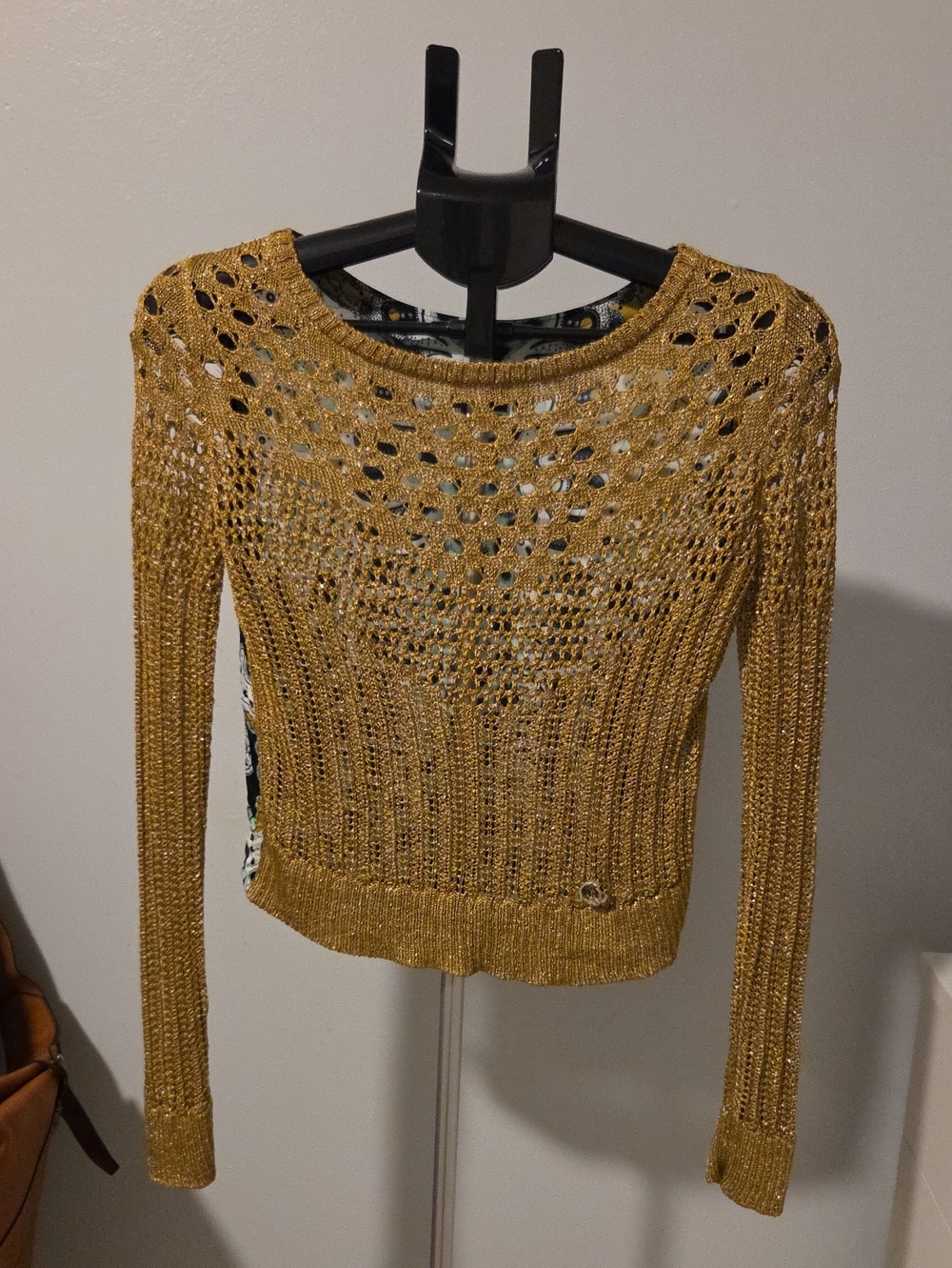 Just Cavalli Metallic Gold Open-Knit Crewneck Sweater
